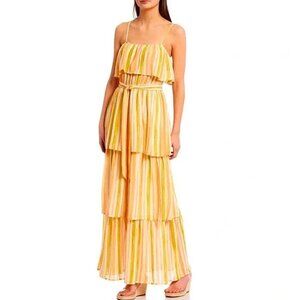 Evolutionary Size Large Green Orange Spaghetti Strap Striped Tiered Maxi Dress
